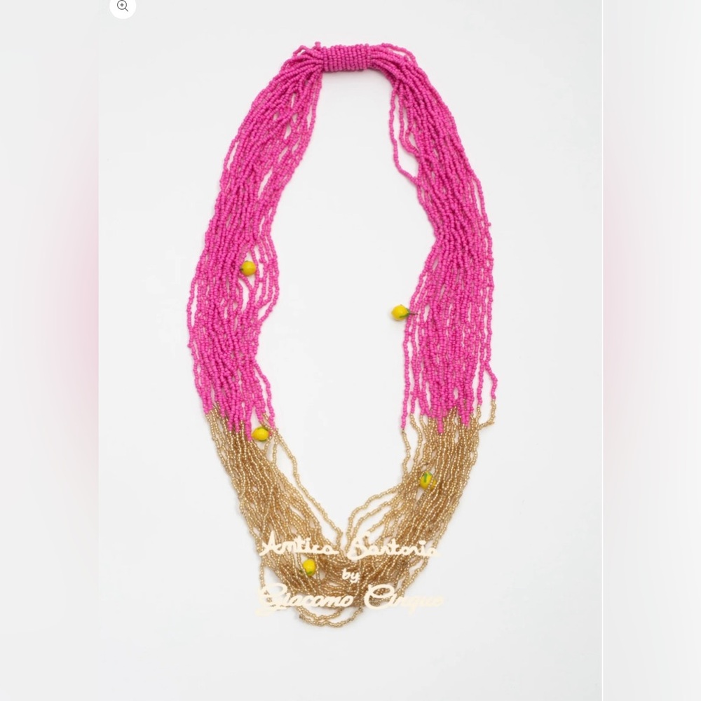 Antica Sartoria Beaded Necklace in Lemon Gold and Hot Pink NWT Gorgeous